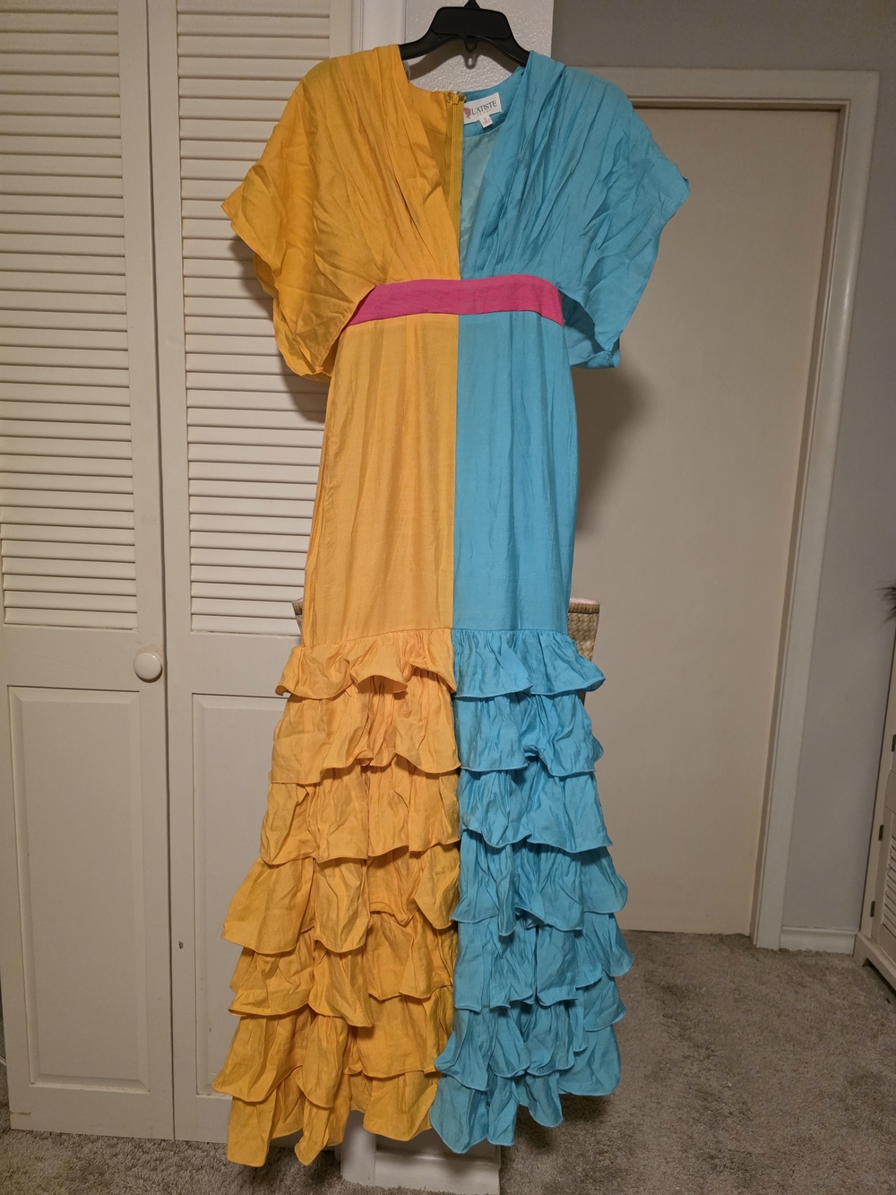 L'ATISTE Yellow, Turquoise & Pink Ruffled Colorblock Ladies Dress.  NWOT